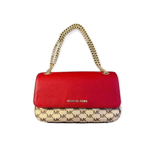 NEW Michael Kors Scarlet & Natural Small Flap Logo Bag Jet Set Chain 38H8CTCF1V - Picture 14 of 15